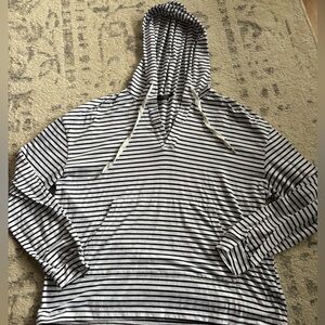 SHEIN Black and White Striped V-Neck Hooded Sweater